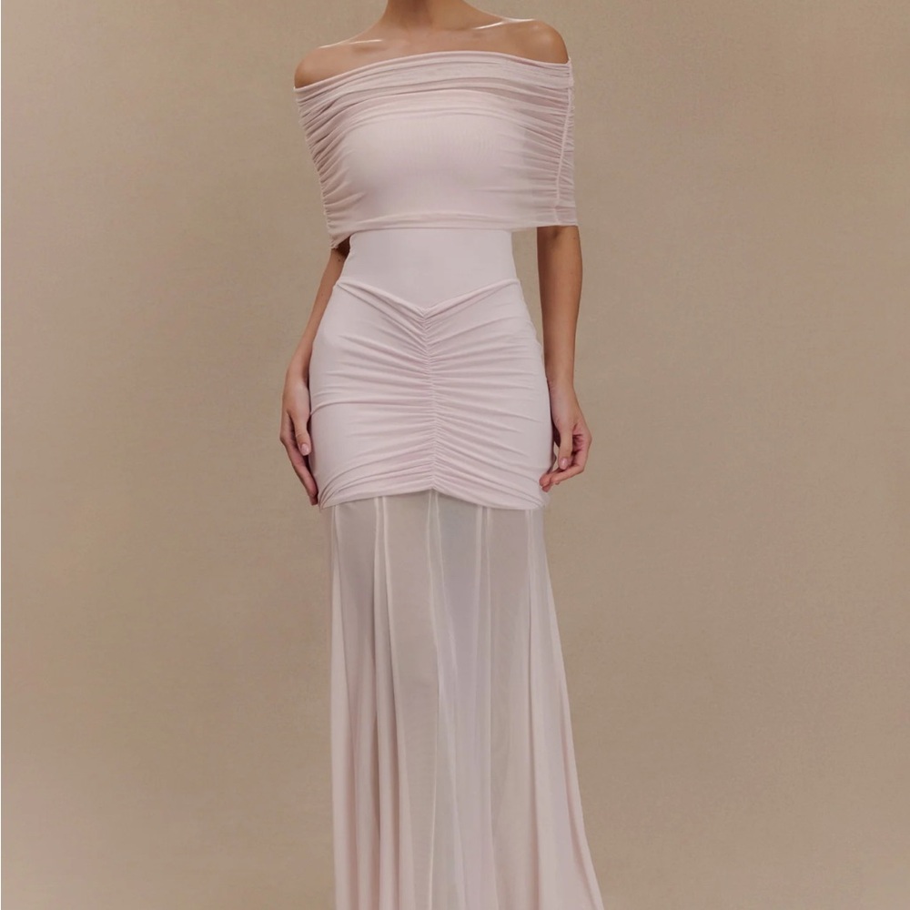 Meshki Off-Shoulder Ruched Maxi Dress in Light Blush